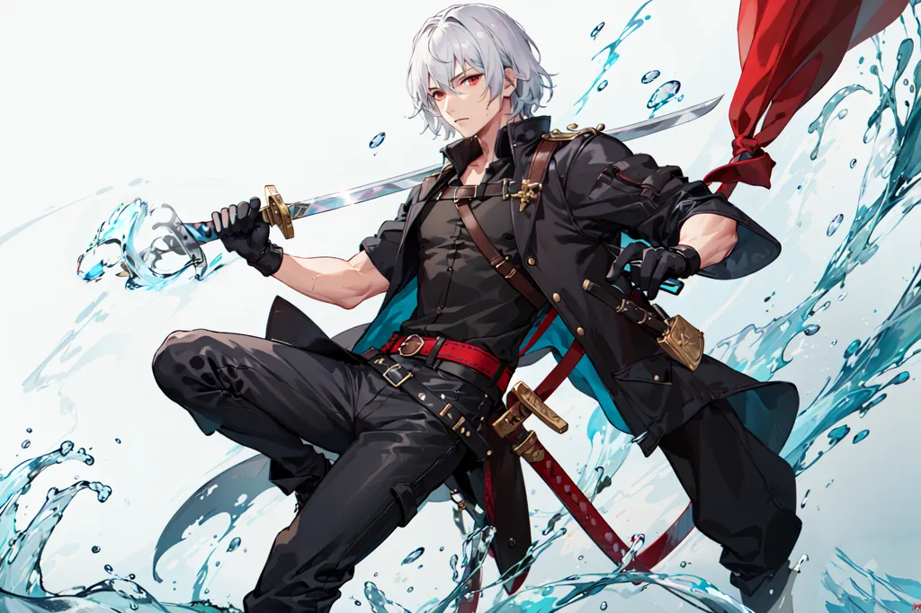 This is an illustration of a young man with white hair and red eyes. He is wearing a black shirt and pants with a red sash and black boots. He is also wearing a black jacket with blue and gold trim. He is holding a sword in his right hand and there is water flowing around him.