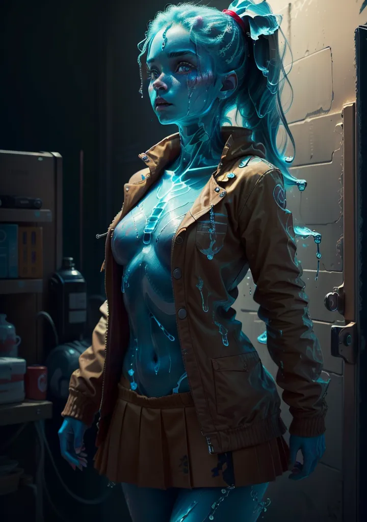 This is an image of a woman standing in front of a door. She is wearing a brown jacket and a pleated skirt. Her skin is blue and she has blue hair. She is also wearing a backpack. The background is dark and there are some objects on the ground. The woman is looking at the camera.