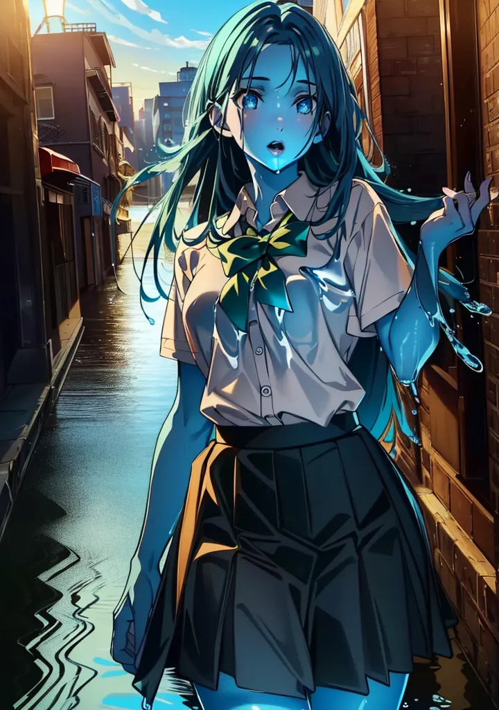 The image is a painting of a girl with long green hair and blue eyes. She is wearing a white shirt, a black skirt, and a green bow tie. She is standing in a street with buildings on both sides. The street is flooded with water, and the girl is shin deep in it. The water is flowing around her, and she is holding her skirt up to keep it from getting wet. Her hair is dripping wet, and her face is flushed. She looks like she is in a hurry.