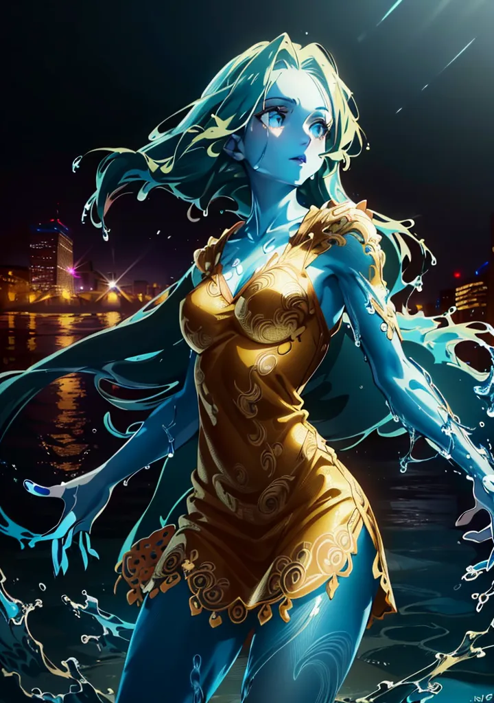 The image is of a beautiful woman with long, flowing green hair and blue skin. She is wearing a golden dress with intricate designs. She is standing in a dark place with a cityscape in the background. The woman is surrounded by water, which seems to be flowing from her body. She has her arms outstretched, and her eyes are closed. She looks like she is in a state of peace and tranquility.