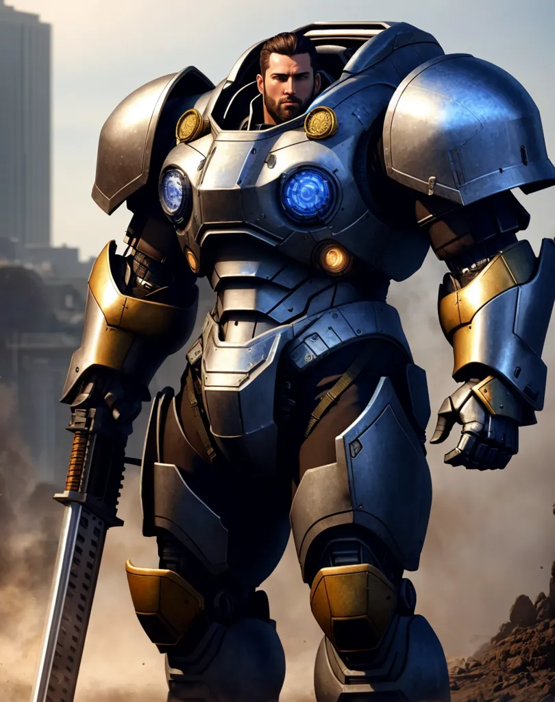 This is a picture of a man wearing a suit of powered armor. The armor is mostly silver with gold trim, and has several glowing blue lights on the chest, shoulders, and helmet. The man has a beard and a determined expression on his face. He is standing in a post-apocalyptic cityscape, with ruined buildings and rubble all around him. There is a large sword strapped to his back.