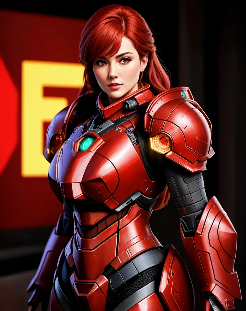 The image shows a woman wearing a red and gold suit of armor. The armor has a metallic sheen and is form-fitting. The woman has long red hair that is tied back in a ponytail. Her eyes are blue and her skin is fair. She is standing in a confident pose with her hands on her hips. There is a red background with a yellow F behind her.