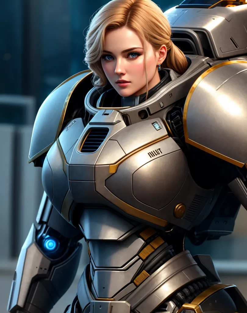 The image shows a young woman standing in a futuristic setting. She is wearing a grey and gold suit of armor with a blue light on her chest. The armor has the letters "R" and "L" on the shoulder pads. The woman has blonde hair and blue eyes. She is looking at the viewer with a serious expression.