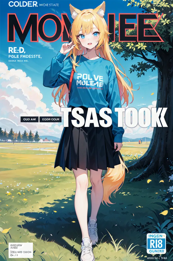 The image is a digital painting of a young woman with long blonde hair and blue eyes. She is wearing a blue sweatshirt, a pleated skirt, and white sneakers. She has a fox tail and fox ears. She is standing in a field of grass with a large tree behind her. The sky is blue and there are some clouds in the distance. The image is drawn in a realistic style and the colors are vibrant and bright. The woman's expression is serious and she is looking at the viewer.