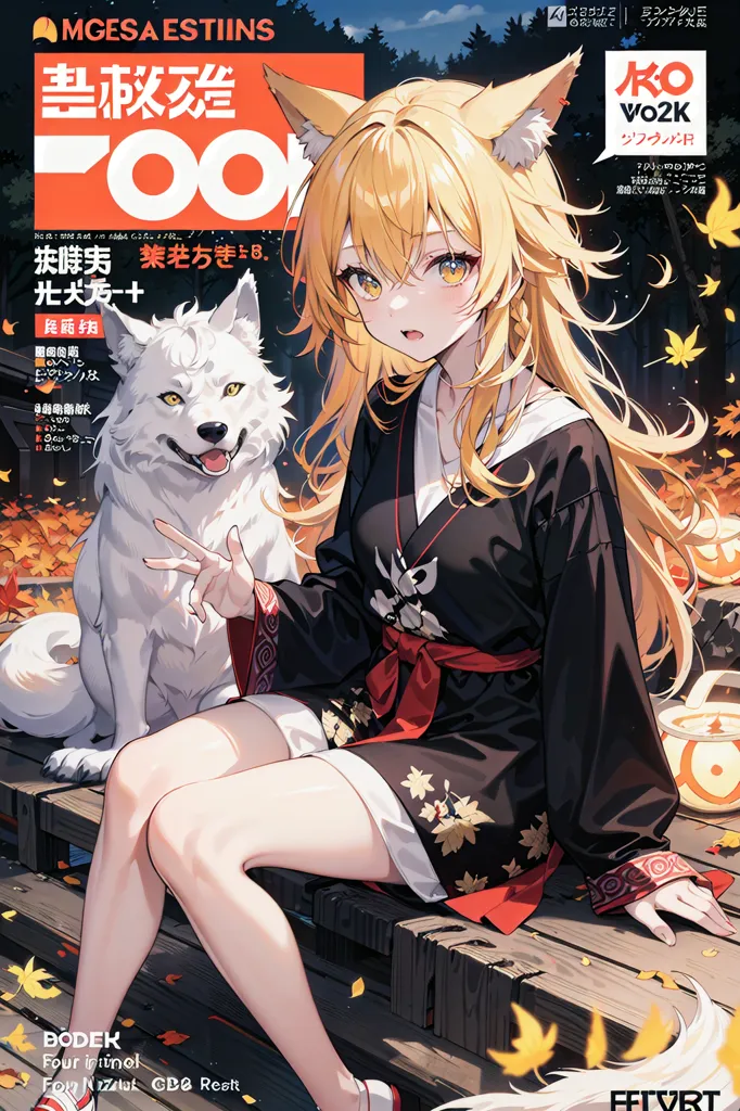 The image is of a young woman with long blonde hair and yellow eyes. She is wearing a black kimono with red and white accents and a red obi. She is sitting on a wooden railing with one leg crossed over the other and has a white wolf sitting in front of her with one paw on her knee. The background is a blurred forest with a mountain in the distance. The image is drawn in a realistic style and the colors are vibrant and saturated.