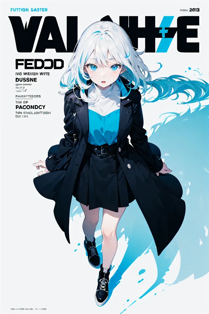 The image is an illustration of a young woman with white hair and blue eyes. She is wearing a black coat and a blue shirt. She is also wearing a pair of black boots. The woman is standing in a confident pose, with her left foot forward and her right foot back. Her arms are slightly bent, with her right hand resting on her hip and her left hand hanging by her side. The woman's hair is long and flowing, and her eyes are narrowed in a determined expression. The background of the image is white, with a few splashes of blue. The overall tone of the image is one of confidence and determination.