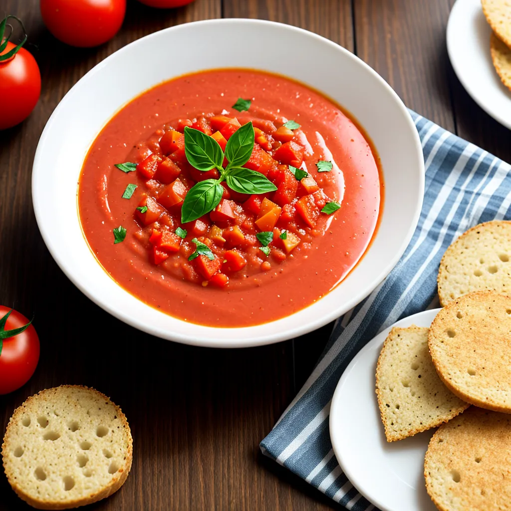 There is a bowl of tomato soup on a wooden table. The soup is garnished with fresh basil and diced tomatoes. There are two slices of bread on a white napkin next to the bowl. There are also tomatoes on the table.