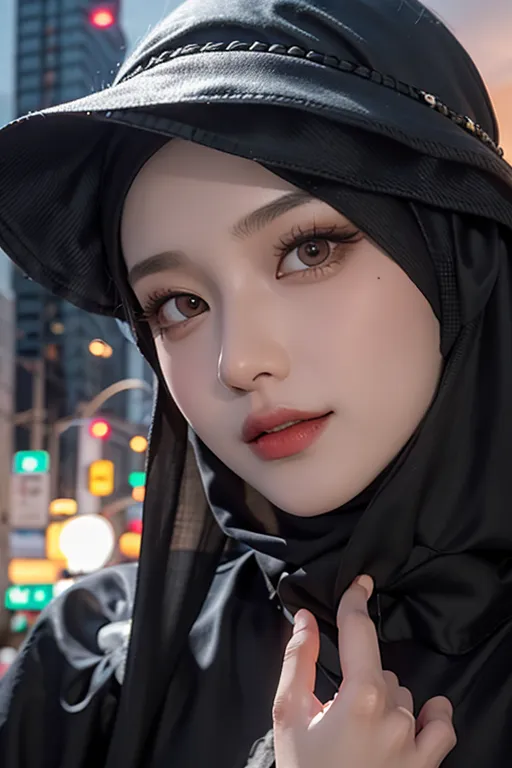 L'image montre une jeune femme portant un hijab noir et un chapeau noir. Le hijab est tiré en arrière pour révéler son visage. La femme a la peau légèrement brune, avec des joues rosées, des yeux brun foncé et de longs cheveux brun foncé. Elle porte un rouge à lèvres beige clair. La femme se tient devant un arrière-plan flou d'une rue de la ville avec les lumières hors de focus.