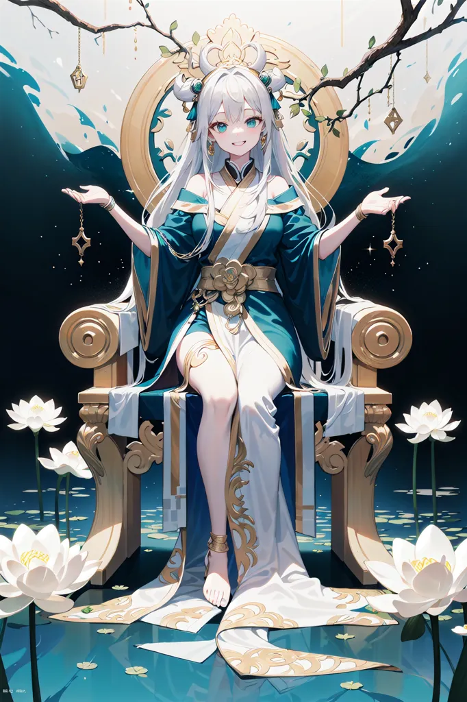 The image is of an anime-style girl with long white hair and blue eyes. She is wearing a blue and white dress with a white lotus flower on the front and a long white scarf. She is sitting on a golden throne with her feet resting on a lotus flower. The throne is surrounded by white lotuses, and there are also lotuses floating in the water around the throne. In the background, there is a large body of water with a mountain range in the distance. The girl is smiling and has her arms outstretched to the sides.