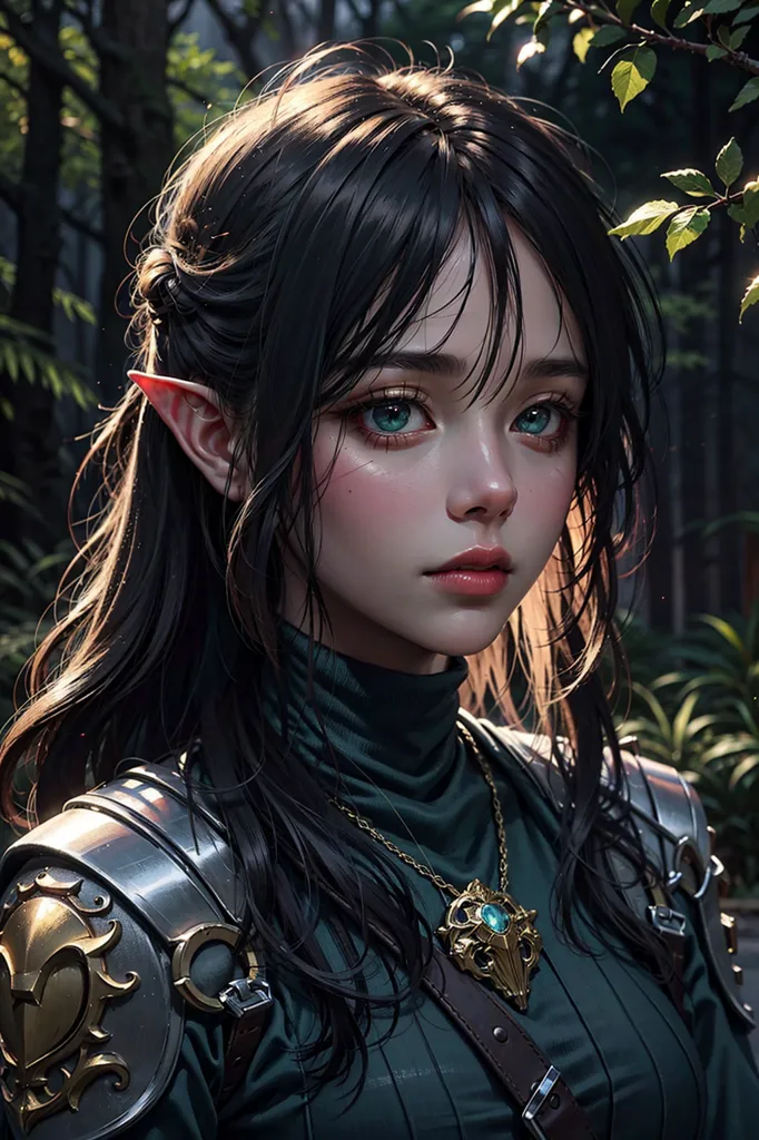 The image is a portrait of a young woman with long, dark hair, green eyes, and pointed ears. She is wearing a green shirt and a silver breastplate. She has a necklace with a green gem in the center. She is standing in a forest, and there are leaves and branches in the background.