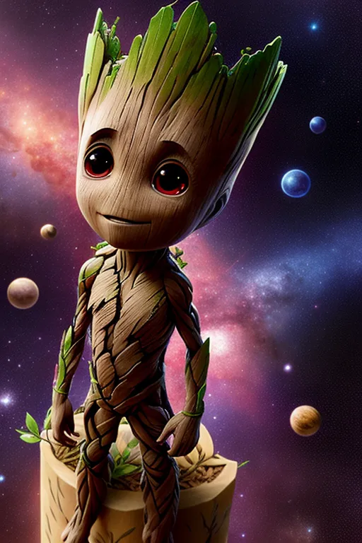 This image shows a 3D rendering of the Marvel character Groot. He is a tree-like creature with a humanoid body. He has brown bark-like skin with green leaves growing on his head and arms. He has large black eyes and a small mouth. He is standing on a brown stump in the middle of a colorful nebula. There are several planets and stars in the background.