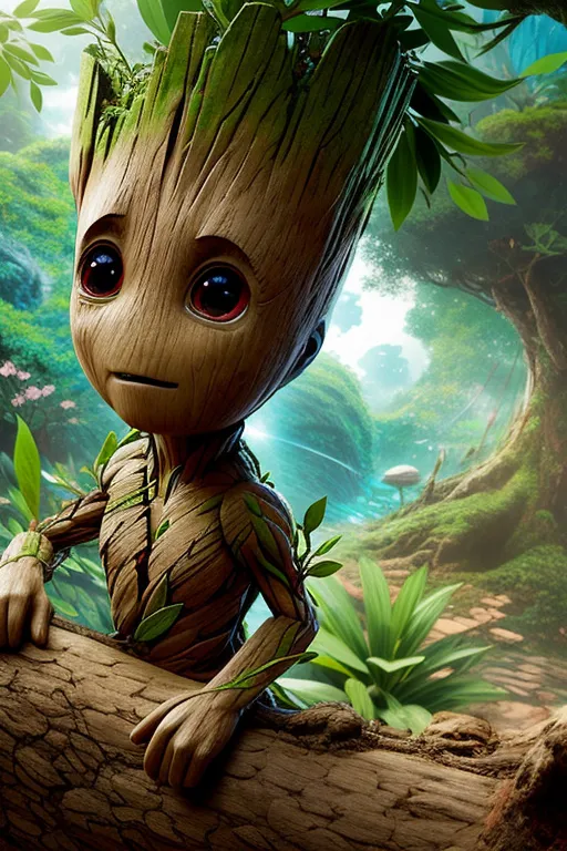 This image shows a digital painting of the Marvel character Groot. He is depicted as a small, tree-like creature with a face made of twigs and leaves. He is standing in a lush forest setting, with green leaves and flowers all around him. There is a river in the background. Groot is looking at the viewer with a curious expression on his face.