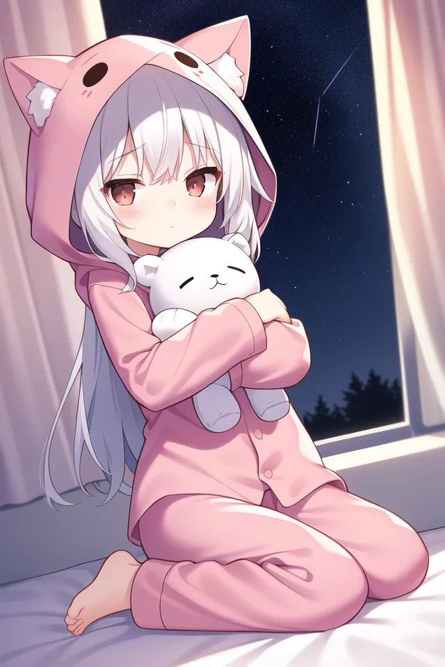 The image is of a young girl with white hair and pink eyes. She is wearing a pink bear onesie and is sitting on a bed. She has a sad expression on her face and is hugging a white stuffed bear. There is a window behind her and a night sky outside.