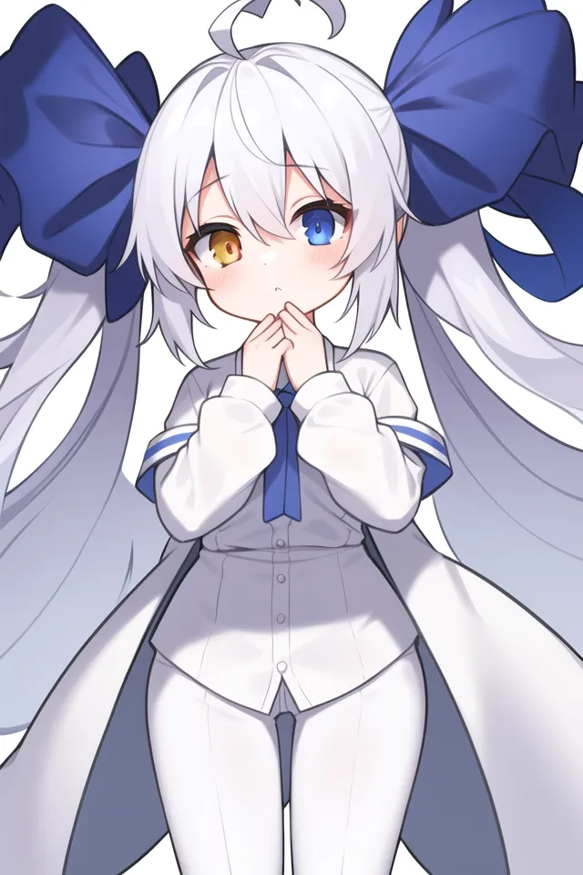 The image is of a young girl with white hair and blue eyes. She is wearing a white shirt and blue pants. She has a shy expression on her face and is looking at the viewer with her hands together in front of her chest. She has two large blue bows in her hair.