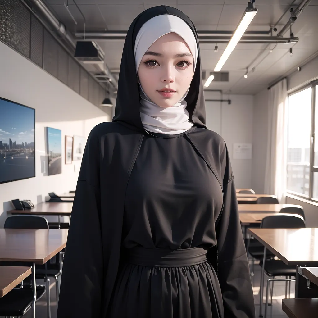 The image is of a young woman wearing a black hijab and a white wimple. She is standing in a modern office space, with glass windows and wooden tables and chairs. The woman is looking at the camera with a serene expression.