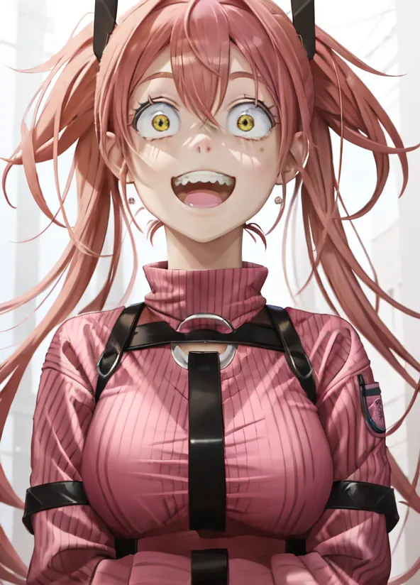 The image shows a woman with pink hair and yellow eyes. She is wearing a pink turtleneck sweater with black straps over it. She has a wide smile on her face and her teeth are showing. She is also wearing a black choker and has black horns sticking out of her head.