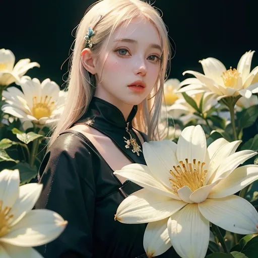 The image is a portrait of a beautiful young woman with long blonde hair and blue eyes. She is wearing a black cheongsam with a high collar and a white flower in her hair. She is standing in a field of white flowers and has a soft smile on her face. The background is blurred and is composed of dark green leaves.