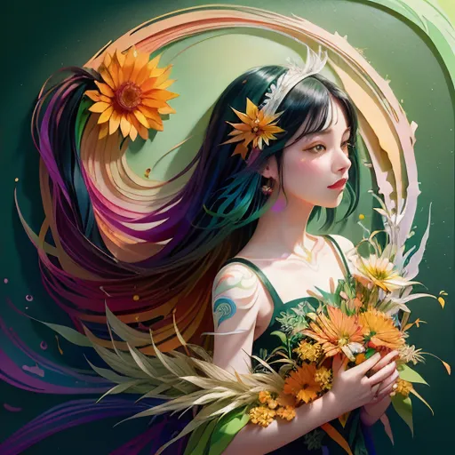 Esta imagen muestra a una hermosa mujer asiática con el cabello largo y ondulado. Su cabello es un degradado de colores, comenzando con un verde oscuro en las raíces y terminando en un amarillo brillante en las puntas. Lleva un vestido verde con un estampado de flores blancas. El vestido tiene un escote de corazón y es sin mangas. También lleva un collar hecho de flores. La mujer está de pie frente a un fondo verde oscuro. Hay flores y hojas de varios colores flotando a su alrededor. La imagen tiene un aspecto suave y etéreo.