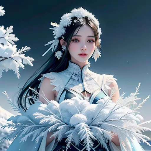 The image is a painting of a beautiful young woman with long black hair and blue eyes. She is wearing a white and blue dress with a high collar and a long skirt. Her hair is adorned with snowflakes and she is holding a bouquet of white flowers. The background is a winter landscape with snow-covered trees and mountains. The painting is done in a realistic style and the woman's expression is serene and peaceful.