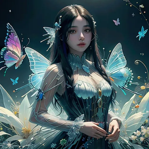 La imagen es una pintura digital de una hermosa mujer con cabello negro largo y ojos azules. Ella está usando un vestido blanco con una banda azul y tiene alas de mariposa en varios tonos de azul y morado. También hay mariposas de varios colores volando a su alrededor. El fondo es un cielo nocturno azul oscuro con algunas estrellas.