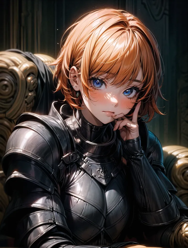 The image is of a young woman with short orange hair and blue eyes. She is wearing a suit of black armor and has a thoughtful expression on her face. She is sitting in a throne, with one hand resting on her chin.