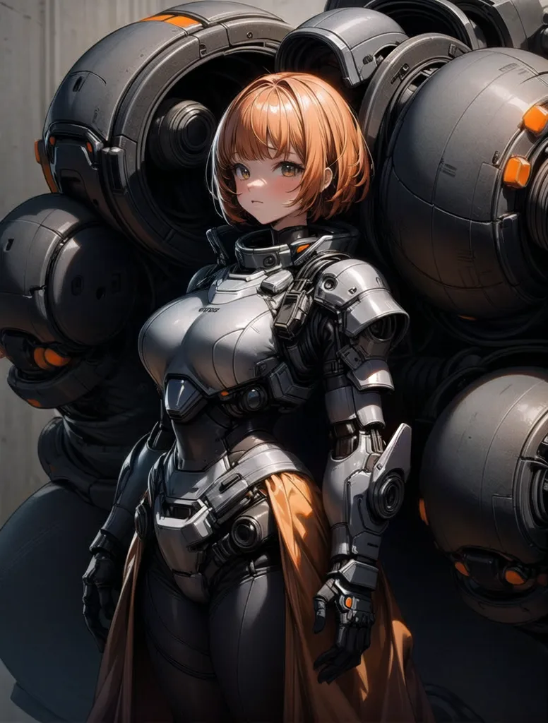 The image depicts a young woman standing in front of a large mechanical structure. The woman is wearing a skin-tight, armored suit with a long, flowing cape. She has short, brown hair and orange eyes. The mechanical structure behind her is made up of a series of large, spherical tanks connected by a series of pipes and wires. The woman is standing with her left hand on her hip and her right hand hanging loosely at her side. She has a confident expression on her face.