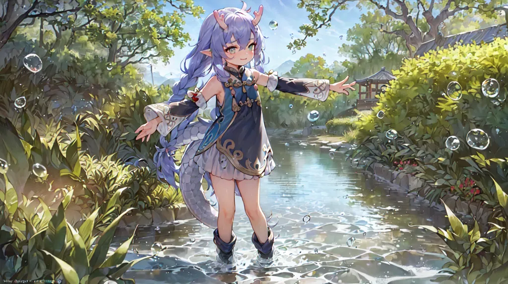 Cette image montre une petite fille de style anime avec des cheveux violets et des yeux verts. Elle a des cornes sur la tête et porte une robe bleue et blanche. Elle se tient dans une rivière, entourée de plantes et d'arbres verts. La fille sourit et a les bras tendus.