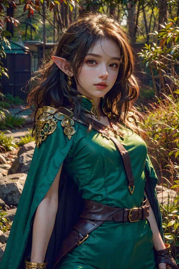 This image shows a beautiful, young, female elf with long, wavy, brown hair. She has fair skin and light brown eyes. She is wearing a green dress with a brown belt and a green cape. The dress has gold trim and there is a gold necklace around her neck. She is also wearing gold earrings in her pointed ears. She is standing in a forest, surrounded by trees and plants.