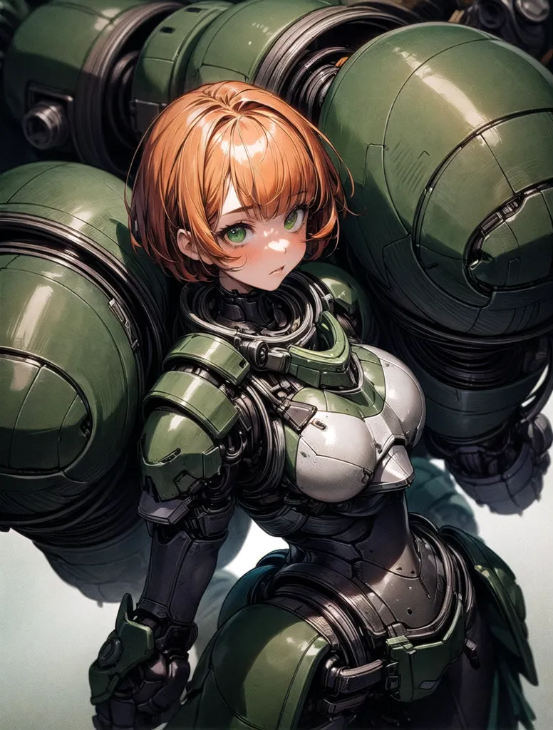 The image depicts a young woman with short orange hair and green eyes. She is wearing a green and gray armored suit with a large collar and shoulder pads. The suit has various tubes and wires running along its surface, and there is a large green orb on each side of her waist. She has a confident expression on her face and is standing in a determined pose. The background is a blur of light gray.