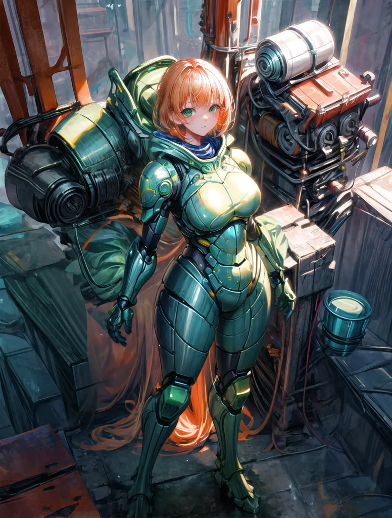 The image depicts a female character wearing a green and black bodysuit-style armor with orange hair and green eyes. She is standing in what appears to be a factory or industrial setting. There are large machines and pipes in the background, and the floor is covered in debris. The character is holding a large wrench in her right hand, and she has a determined expression on her face.