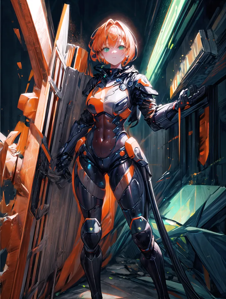 This is an image of a female character wearing a futuristic armor. She has orange hair and green eyes. She is standing in a dark room with debris all around her. She is holding a large gun in her right hand and a shield in her left hand. She is wearing a black and orange bodysuit with various pieces of armor attached to it. She has a confident expression on her face and looks ready for battle.