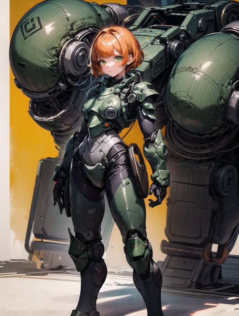 This is an illustration of a young woman standing in front of a large green mech. The woman is wearing a green and black bodysuit and has short orange hair. She is looking at the viewer with a serious expression. The mech is behind her and is partially obscured by her figure. It has two large green spheres on its shoulders and a large cannon on its right arm. The background is a simple gradient of yellow and orange.