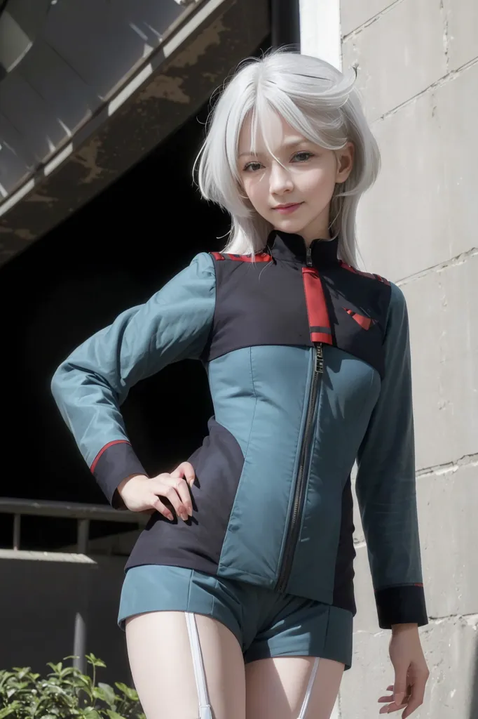 The image shows a young woman with an expressionless face and silver hair that is styled like the character Quatre Raberba Winner from the anime series Mobile Suit Gundam Wing. She is wearing a dark blue and gray jacket with red and white accents, and a pair of gray shorts. She has a hand on her hip and is standing in front of a stone wall.