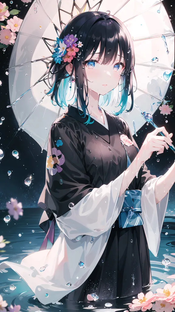 The picture shows a girl in a kimono standing in the rain. She is holding a white umbrella and there are pink flowers in her hair. The girl is looking at the viewer with a sad expression on her face. She is wearing a black kimono with white and pink flowers. The kimono has a blue obi tied around the waist. The girl's hair is black and blue, and her eyes are blue. She is standing in a pool of water, and there are pink flowers floating on the surface of the water.