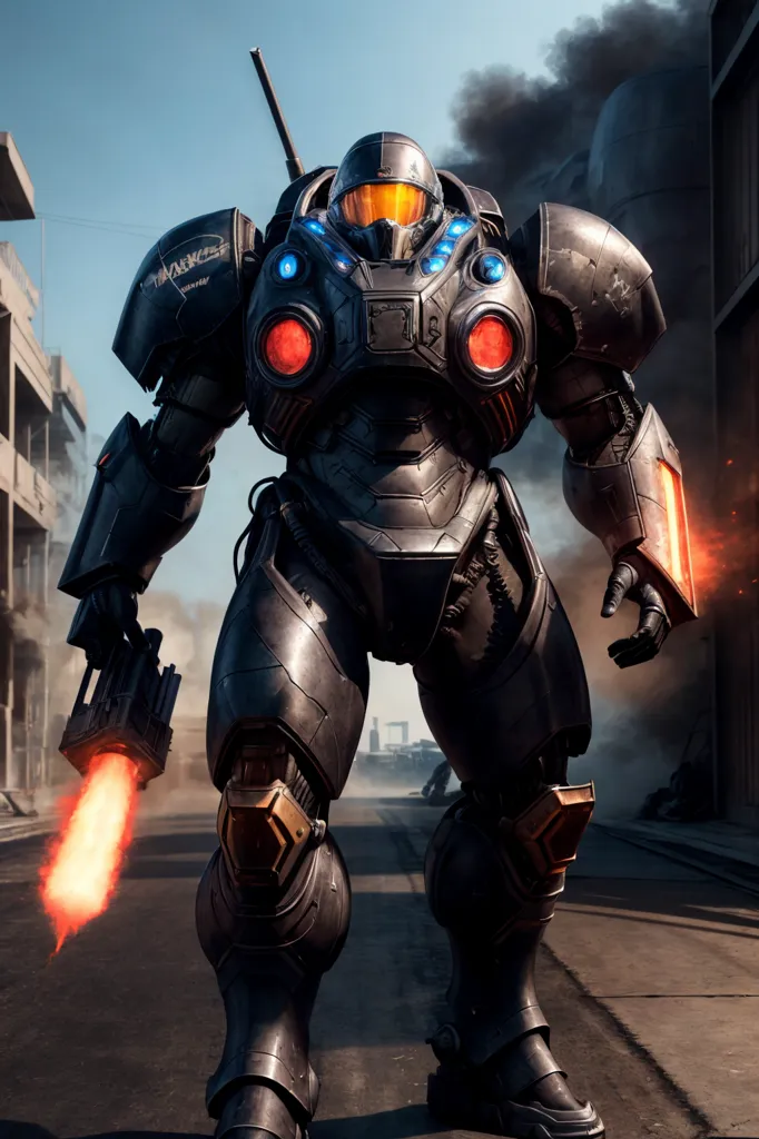 A imagem mostra um grande mecha bipedal. Ele é preto e cinza com luzes laranja no peito e uma grande arma na mão direita. O mecha está em pé em uma cidade devastada pela guerra. Há edifícios destruídos e fumaça ao fundo.