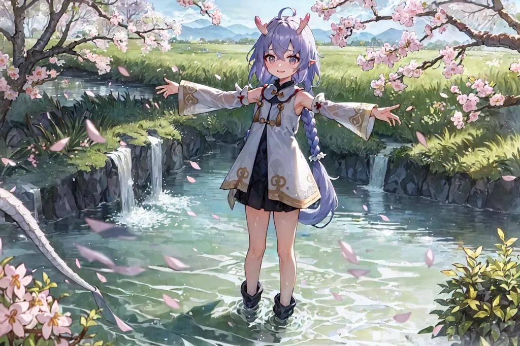 The image is of a small girl standing in a river. The girl is wearing a white dress and has purple hair. She is standing with her arms outstretched and her eyes closed. The river is flowing over some rocks, and there are some trees and flowers on the banks. In the background, there is a mountain range. The image is peaceful and serene.