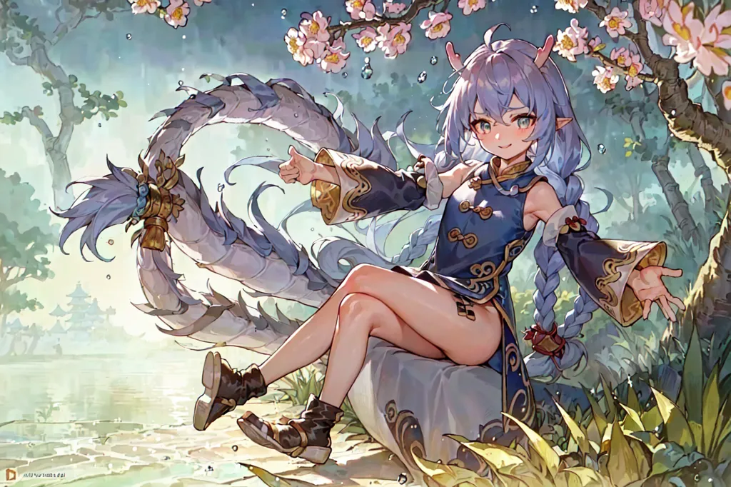 The image is of an anime girl with long purple hair and blue eyes. She is wearing a blue and white cheongsam-style dress with a white undershirt. She is also wearing brown boots and has a blue and white ribbon in her hair. She is sitting on a rock in a forest, and there are pink flowers in the background. The girl is smiling and has her arms outstretched.