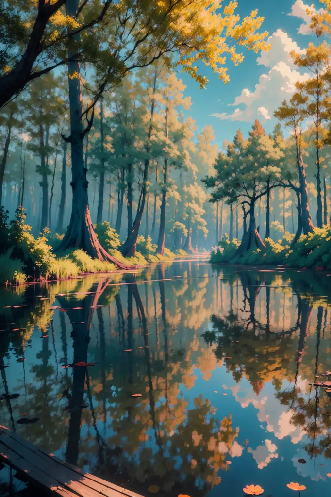 The image is a beautiful landscape painting. It depicts a river flowing through a forest. The trees are tall and lush, and the leaves are a vibrant green. The water is clear and reflects the trees and sky. There is a blue sky with white clouds. The overall effect is one of peace and tranquility.