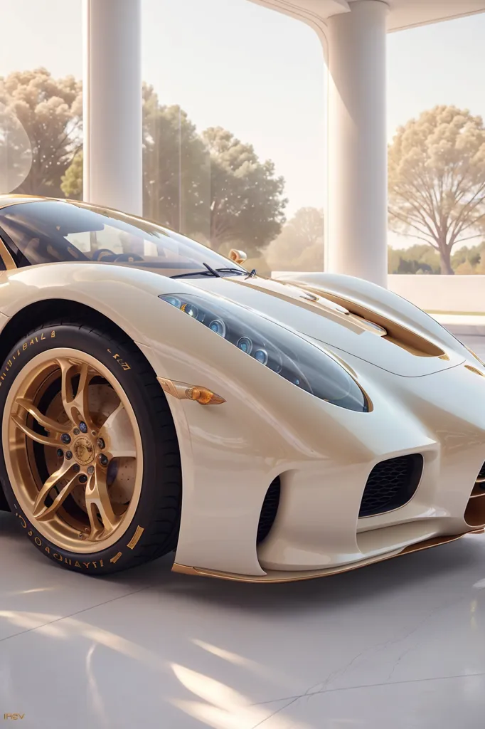 This is a white and gold sports car. The car is very sleek and has a futuristic design. The car is also very low to the ground. The car is parked in a very bright and sunny room. The room has white marble floors and white columns. The car is also parked next to a large glass window.