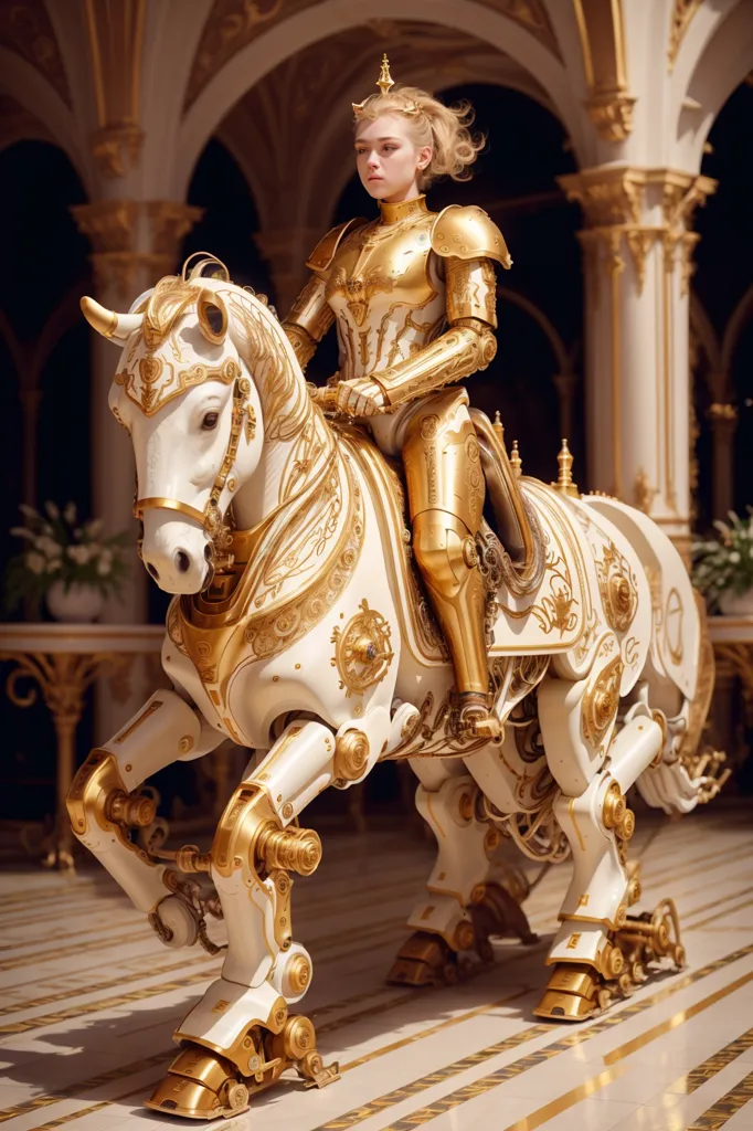 The image is of a woman riding a horse. The woman is wearing gold armor and the horse is white with gold accents. The horse is also mechanical, with visible gears and pistons. The woman is sitting on the horse's back and is holding the reins. The background is a blur of light and dark colors.