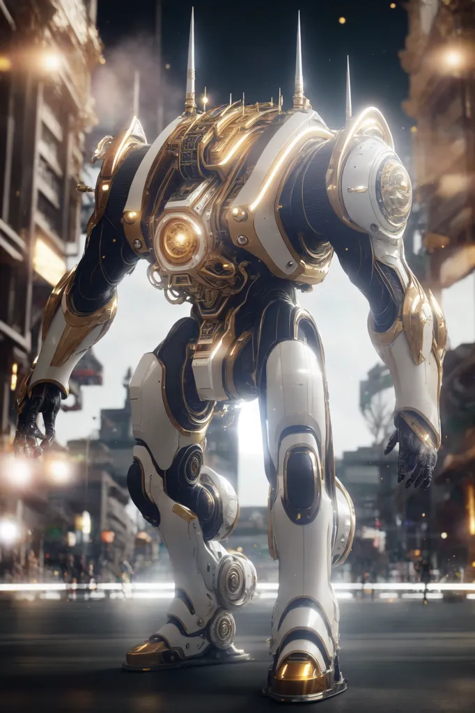 The image shows a giant robot walking down a city street. The robot is white and gold, and it has a large, round body with a glowing yellow eye. It is also has four arms and two legs. The robot is surrounded by tall buildings, and there are people running away from it in fear.