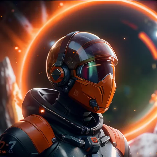 The image shows an astronaut wearing a futuristic orange and black spacesuit with a clear bubble helmet. There is a bright orange ring of light in the background, and the astronaut is standing on a dark planet or moon. The astronaut is looking at the camera, and there is a sense of mystery and wonder in the image.