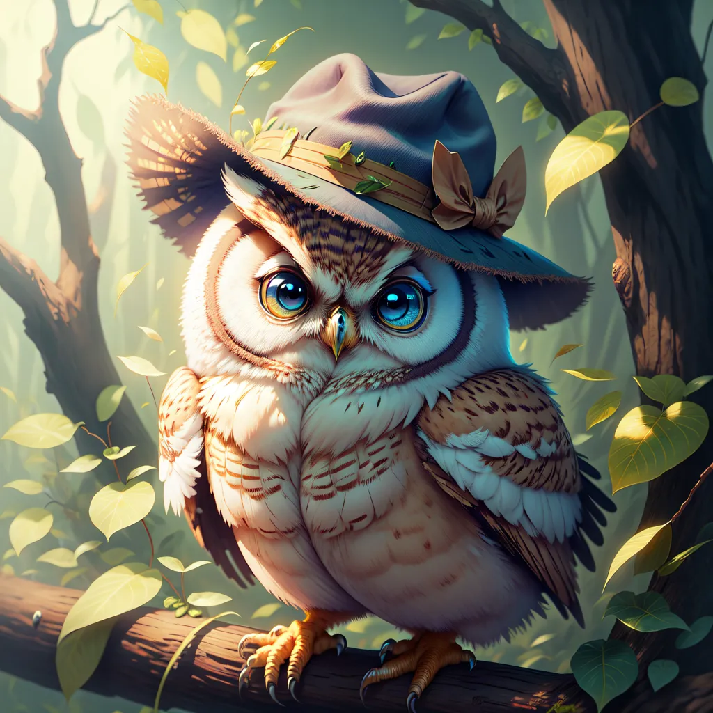 This image shows an owl with a hat on. The owl is sitting on a branch in a tree. The owl is looking at the viewer with its big, round eyes. The owl has a soft, fluffy body and brown and white feathers. The hat is gray with a green band around it. The owl is surrounded by green leaves.