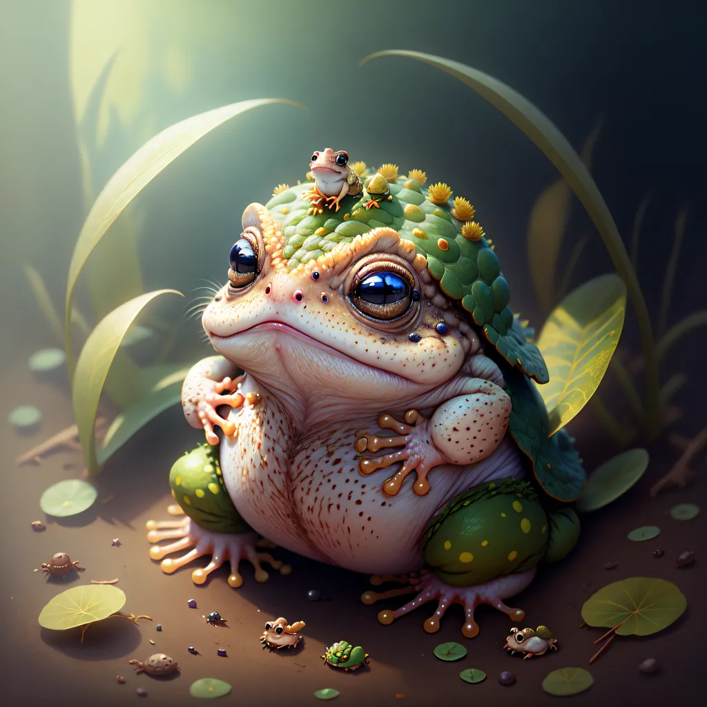 The image depicts a large, green frog sitting on a bed of soil and vegetation. The frog has a light green belly and dark green back, with yellow and brown spots all over its body. Its eyes are wide and black, with a yellow iris. The frog is smiling and has a small, happy expression on its face. On the frog's head is a smaller frog, who is also green but a lighter shade than the larger frog. The small frog is sitting on the larger frog's head and looking out at the viewer. There are also several small, brown insects on the ground around the frog. The background of the image is a blur of green and brown, with a few leaves and blades of grass visible.