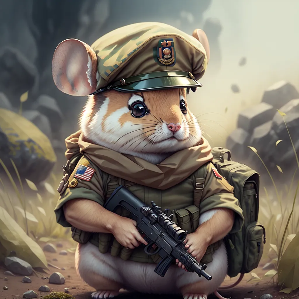 The image shows a hamster wearing a military uniform, including a hat, scarf, and backpack. The hamster is also holding a gun. The hamster is standing in a forest setting.