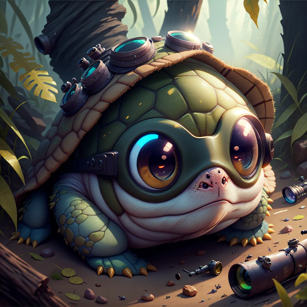 L'image montre une tortue de dessin animé portant un casque avec des lunettes de protection. La tortue est verte et a de gros yeux ronds. Elle est assise dans un décor de forêt, avec des feuilles et des branches tout autour. La tortue porte également un sac à dos et a quelques gadgets sur sa carapace. On dirait qu'elle est prête à partir en aventure.