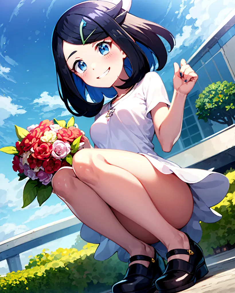 The image shows a young woman with blue hair and eyes. She is wearing a white dress and black shoes. She is kneeling on the ground with a bouquet of flowers in her hands. She has a happy expression on her face. In the background, there is a blue sky with white clouds and a building with large windows.