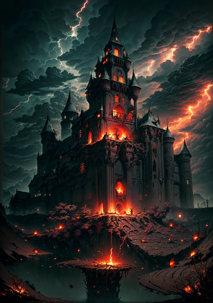 La imagen es una pintura digital de una noche oscura y tormentosa. El castillo está situado en un acantilado y las olas se estrellan contra las rocas de abajo. El cielo está lleno de nubes oscuras y los relámpagos brillan. El castillo está en ruinas y no se ven personas. El estado de ánimo general de la imagen es de pesadumbre y presagio.