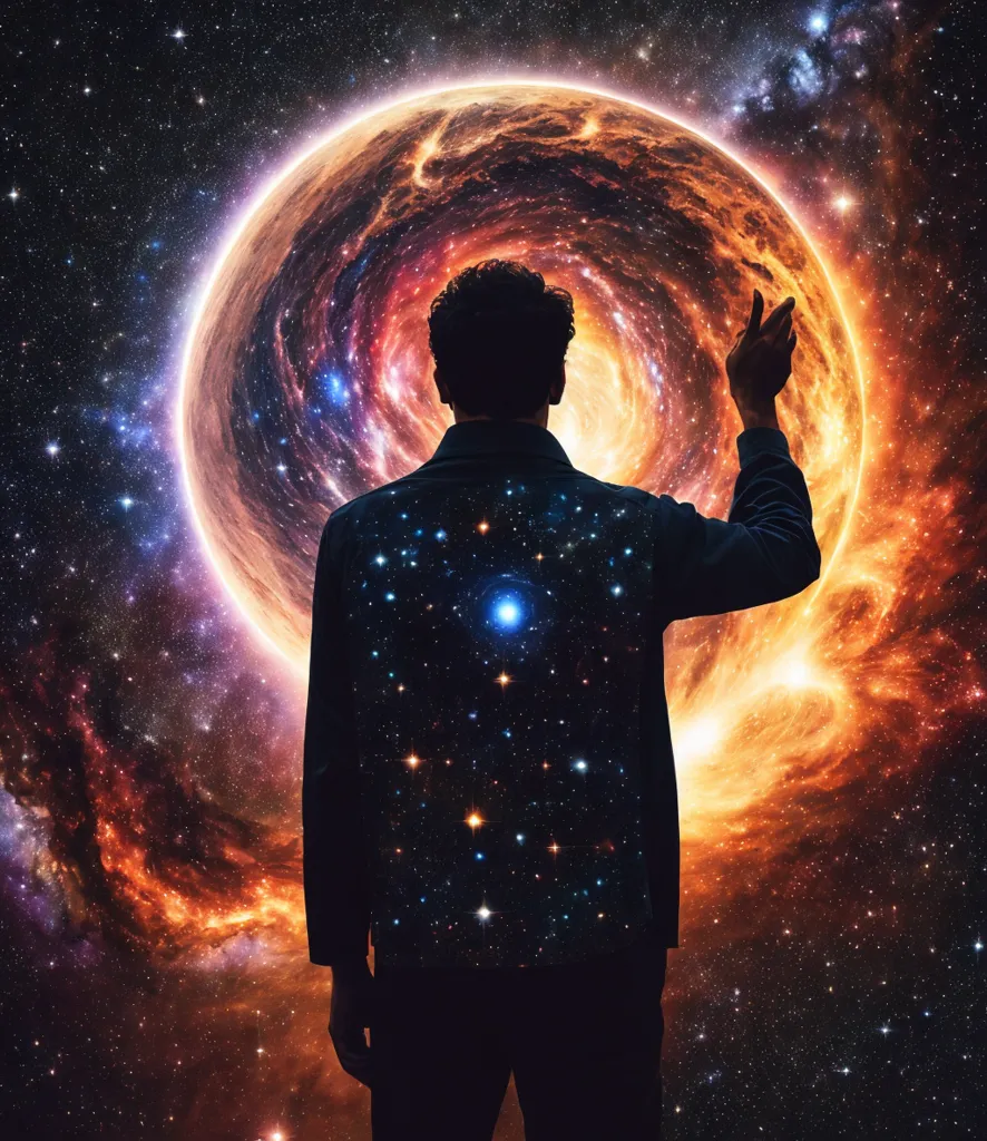 L'image montre un homme debout, le dos tourné vers le spectateur. Il porte un costume sombre. L'homme se tient devant un tourbillon tourbillonnant d'étoiles et de galaxies. Le tourbillon est principalement jaune et orange, avec un peu de bleu et de violet. La main de l'homme est levée comme s'il essayait de toucher le tourbillon. L'arrière-plan est un ciel nocturne bleu foncé rempli d'étoiles.