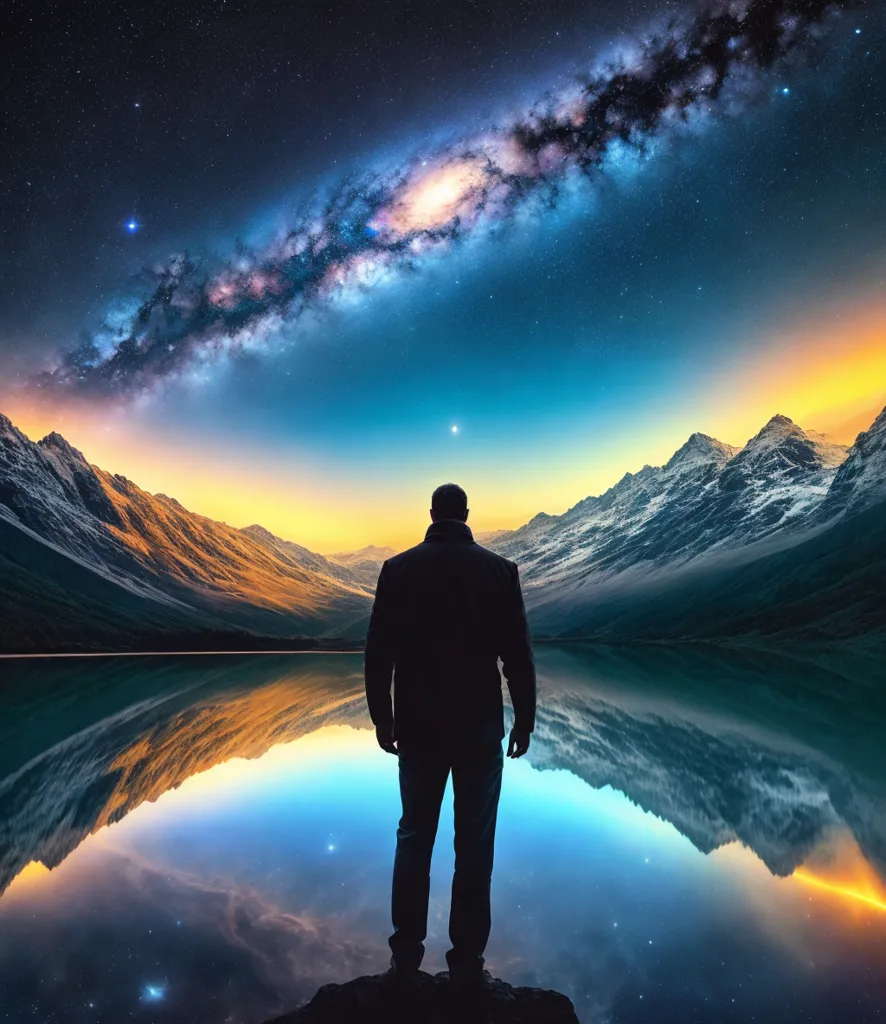 The image shows a man standing on a rocky shore of a lake, looking out at a majestic mountain landscape. The sky is dark, and the stars and the Milky Way are clearly visible. The mountains are covered in snow. The lake is calm and still, reflecting the beauty of the night sky. The man is alone, and the image conveys a sense of peace and tranquility.